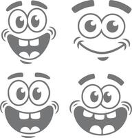 Four Gray Cartoon Face Silhouettes with Varying Expressions Big Eyes Wide Smiles and Happy Moods Simple Illustrations vector
