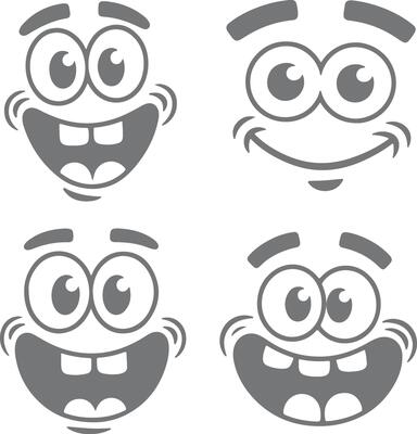 Four Gray Cartoon Face Silhouettes with Varying Expressions Big Eyes Wide Smiles and Happy Moods Simple Illustrations