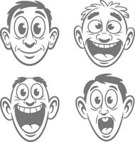 Four Gray Scale Cartoon Male Faces Showing Different Expressions Happy Surprised Shocked and Amazed Silhouette Style Illustration vector