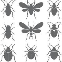 Nine Gray Insect Silhouettes Collection Beetle Bug Icon Set Graphic Design Elements for Pest Control Agriculture Nature Theme vector