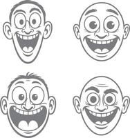 Four Gray Scale Cartoon Silhouettes of Happy and Surprised Men with Big Smiles and Wide Eyes Some with Hair Some Bald vector