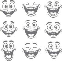 Nine Gray Scale Cartoon Faces Showing Wide Open Mouths and Exaggerated Expressions of Joy and Laughter Silhouette Style Illustrations vector