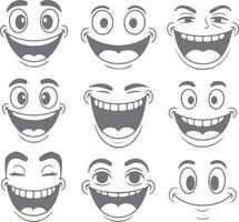 Nine Gray Scale Cartoon Face Silhouettes Displaying Various Happy Expressions Wide Open Mouths Big Eyes vector