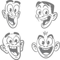 Four Grey Cartoon Silhouettes of Joyful Laughing Faces with Big Eyes and Wide Open Mouths Smiling Expressions in a Retro Style Illustration vector