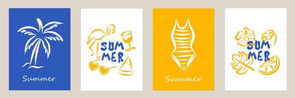 Set of modern abstract summer poster in sketch doodle style. Modern prints with hand drawn wine, bikini, lemon, palm tree. Vacation and beach concept. Trendy flat design for cards, wall art, branding. vector