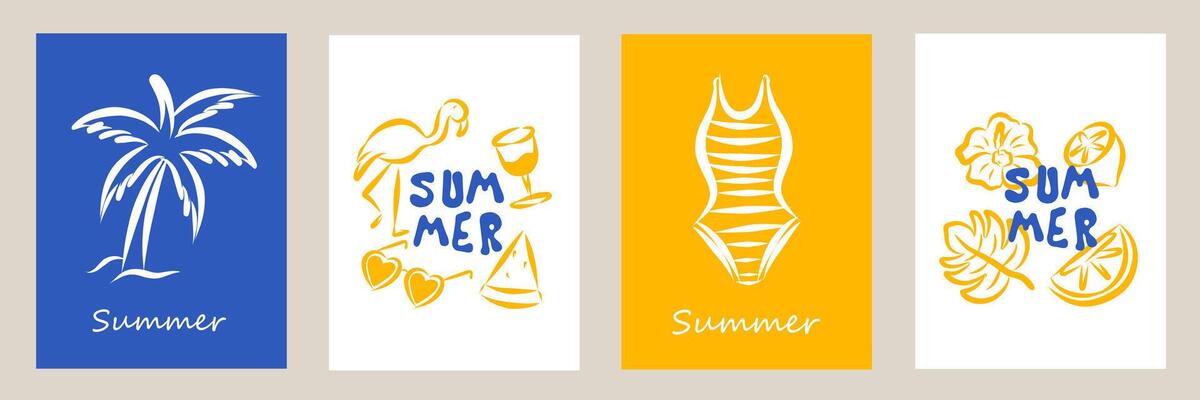 Set of modern abstract summer poster in sketch doodle style. Modern prints with hand drawn wine, bikini, lemon, palm tree. Vacation and beach concept. Trendy flat design for cards, wall art, branding.