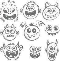 Nine Gray Scale Cartoon Monster Faces with Various Expressions Horns Antennas and Wings Hand Drawn Style Silhouette Illustrations vector