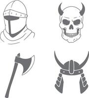 Grey Silhouette Medieval Knight Helmet Skull with Horns Axe Viking Helmet Illustration Set vector