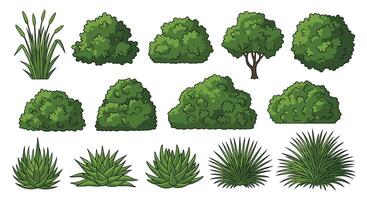 An Assortment of Pixelated Evergreen Shrubs and Grasses for Landscaping Projects vector