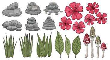 Various natural elements in pixel art style rocks flowers leaves grass and mushrooms vector