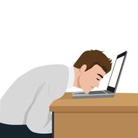 Tired man slumped over with his face resting on laptop, stress, burnout from overworking. vector