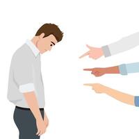 Sad man with his head down while multiple hands point at him, Blame, shame, or public accusation. vector