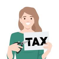 Woman is happily cutting a paper with the word TAX using scissors, Tax reduction or relief. vector