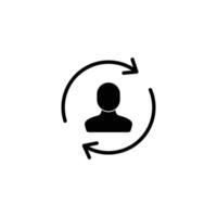 Simple black icon depicts a user profile within a circular arrow. Shows continuous updates, user interaction, and cyclical processes. vector