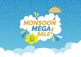 Monsoon sale banner template with clouds, colorful umbrella, and raindrops on a blue background. Overcast sky design with frame space for text illustration included. vector
