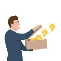 Man opening a box filled with glowing light bulbs, Release of creative ideas and innovation. vector