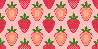 Seamless pattern with strawberries. Pattern alternates between whole strawberries with green leaves and halves of berries, on which seeds and insides of fruit are visible on pink background vector