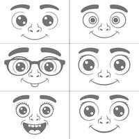 Six Gray Cartoon Faces with Varying Expressions Big Eyes Eyebrows and Mouths Simple Line Art Illustrations for Kids vector
