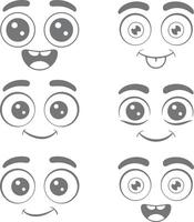 Six Gray Cartoon Faces with Varying Expressions Large Eyes and Simple Features Happy Surprised and Playful Emojis Silhouette Style Illustrations vector