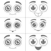 Six Gray Cartoon Faces with Varying Expressions Big Eyes Eyebrows and Mouths Simple Silhouette Style Illustrations vector