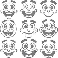 Nine Grey Cartoon Faces Smiling Expressions Happy Cheerful Big Eyes Wide Open Mouths Simple Design Silhouette Illustrations vector