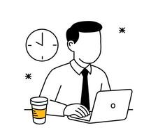 Office worker with coffee cup working on laptop. Time management and productivity concept. vector