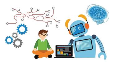 A robot and a man working on a laptop vector