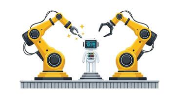 Robots and a man standing in front of them vector