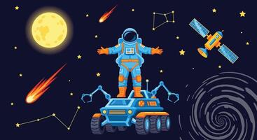 An astronaut is standing on top of a vehicle with a rocket and satellite vector