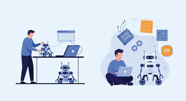Two images of people working on laptops and robots vector