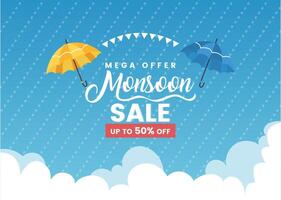 Monsoon sale banner with stylish frame,clouds, colorful umbrella, and raindrops on a blue background. Features an overcast sky and designated area for custom text vector