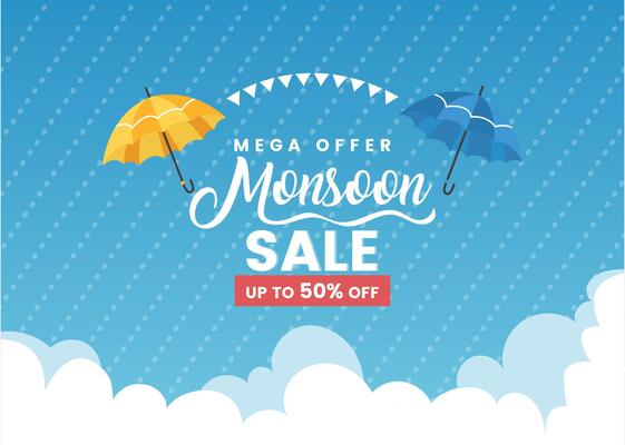 Monsoon sale banner with stylish frame,clouds, colorful umbrella, and raindrops on a blue background. Features an overcast sky and designated area for custom text