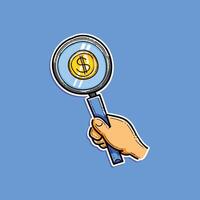 A vibrant illustration featuring a hand grasping a magnifying glass inspecting a gold coin. The image conveys financial concepts and is perfect for business, finance, or analytical themes. vector