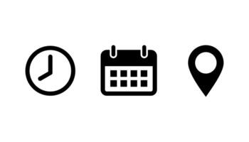 Calendar, clock, and location icons. Time, date, and address icon set. vector