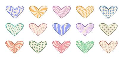 Twisted aesthetic Y2k heart set. Trendy distorted grunge shapes in blue, violet, green, pink and orange colors. Trippy psychedelic love forms in retro style vector