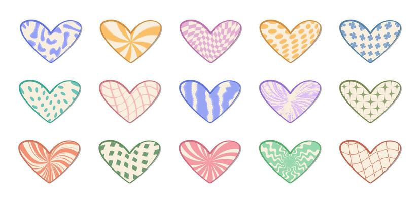 Twisted aesthetic Y2k heart set. Trendy distorted grunge shapes in blue, violet, green, pink and orange colors. Trippy psychedelic love forms in retro style
