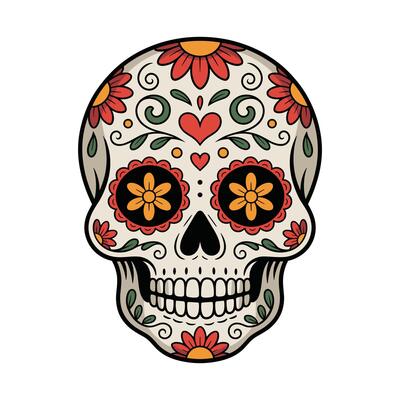 Day of the Dead Sugar Skull with floral illustration on white background