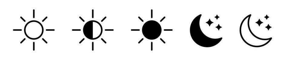 Sun and moon icon set. Day and night or dark and light mode icons. Brightness symbol. vector