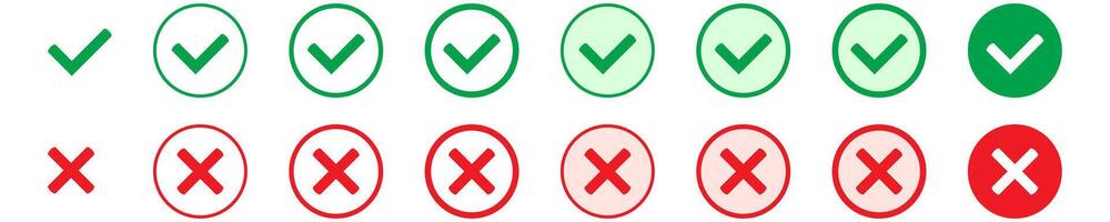 Right or wrong icons. Green tick and red cross checkmarks in circle flat icons. Yes or no symbol, approved or rejected icons. vector