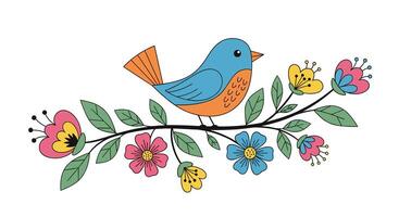 A Bird On A Branch Surrounded By Colorful Flowers In A Whimsical Style vector