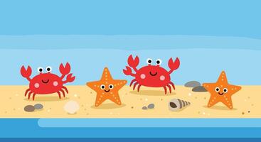 Cartoon Crabs and Starfish Having Fun on the Beach Near The Ocean vector