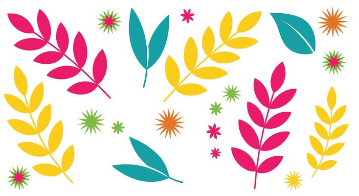 Bright Floral Pattern with Colorful Leaves and Geometric Sunbursts on White Background