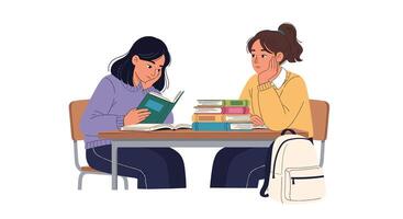 Two young students are sitting at a table studying with books and backpacks vector