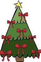 Christmas tree with red ribbons composition isolated. graphic line ink illustration. New year and christmas greeting card or party invitation. For logo, web, package, sticker. vector