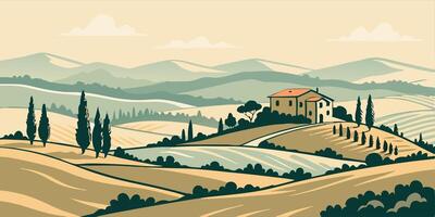 Tuscan Countryside Landscape Rolling Hills, Villa, and Cypress Trees vector