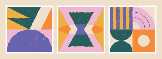 Three abstract compositions in different colors with irregular geometric shapes vector