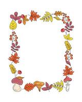 Rectangular vertical background. Autumn set leaves, mushrooms, berries. Frame, banner fly agaric, branches, doodle, drawings. Natural botanical background. Plant, hand drawn, invitation, postcard. vector