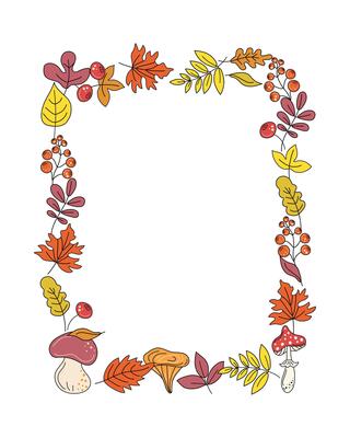 Rectangular vertical background. Autumn set leaves, mushrooms, berries. Frame, banner fly agaric, branches, doodle, drawings. Natural botanical background. Plant, hand drawn, invitation, postcard.
