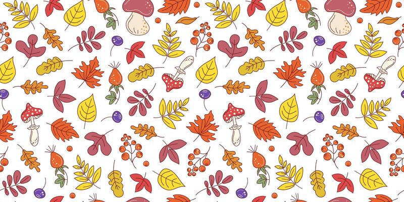 Autumn set of leaves, mushrooms and berries. Pattern seamless. Fly berry, branches doodle, drawings, sketch. Natural botanical repeating background.