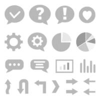Set of halftone icons for communication, analytics, and user interface. Dotted pop art style. Includes speech bubbles, charts, gears, arrows, and symbols on white background. vector